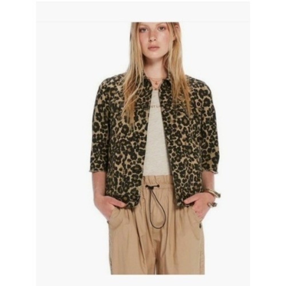NWT Scotch Soda Leopard Print Denim Jacket Women's 3/4 Sleeve Button Front S